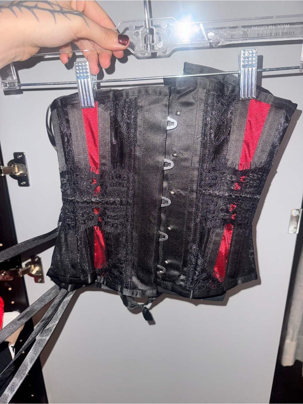 Black & Red Lace-Up Satin Corset Crop Top